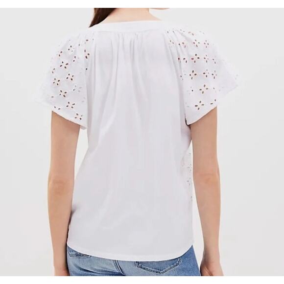 LOFT Women's Eyelet Short Sleeve Split Neck Knit Mixed Media Blouse White Size S - Picture 11 of 11